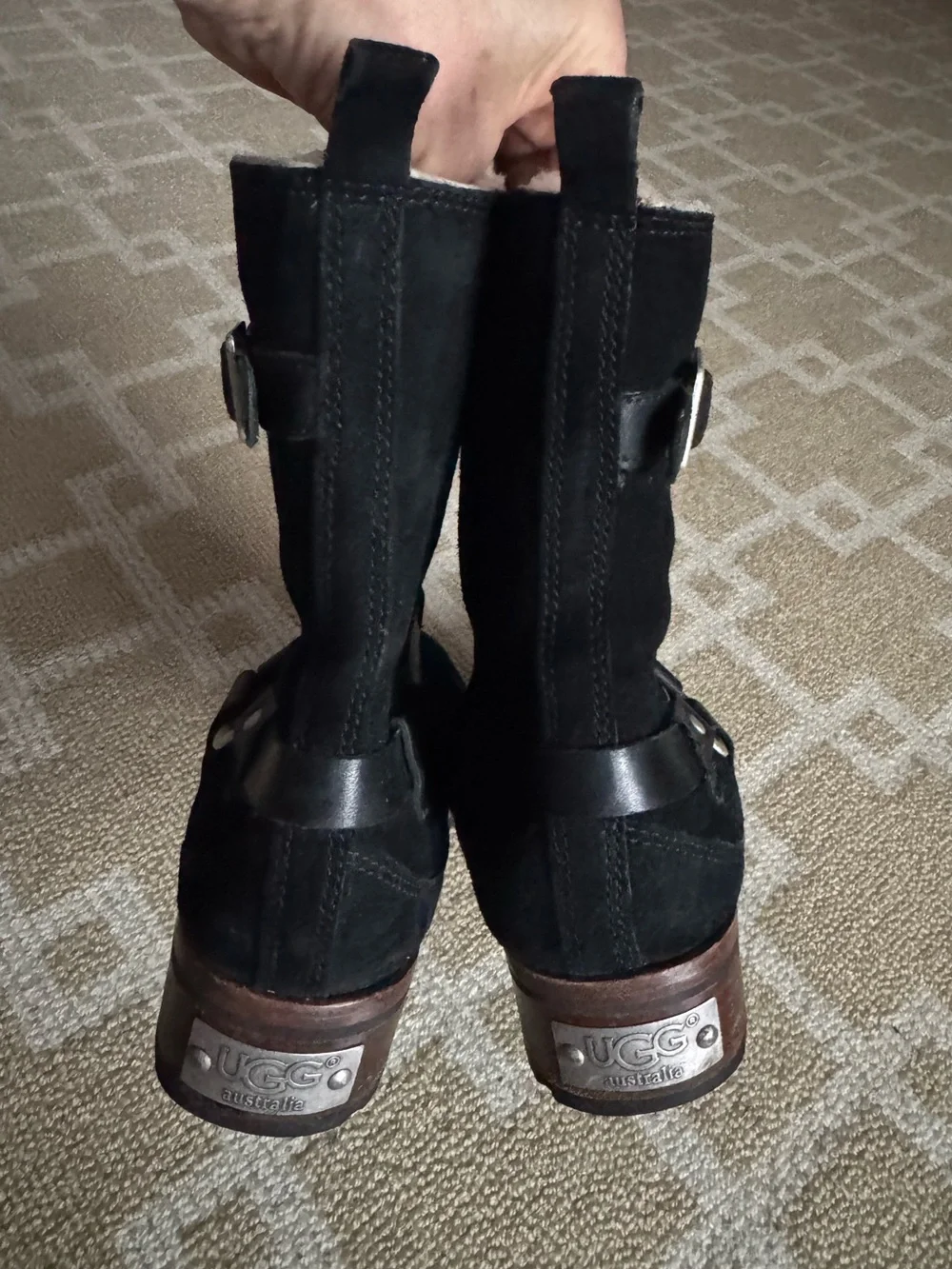 UGG Endell Suede Shearling Moto Biker Harness Boots Black Size 8
